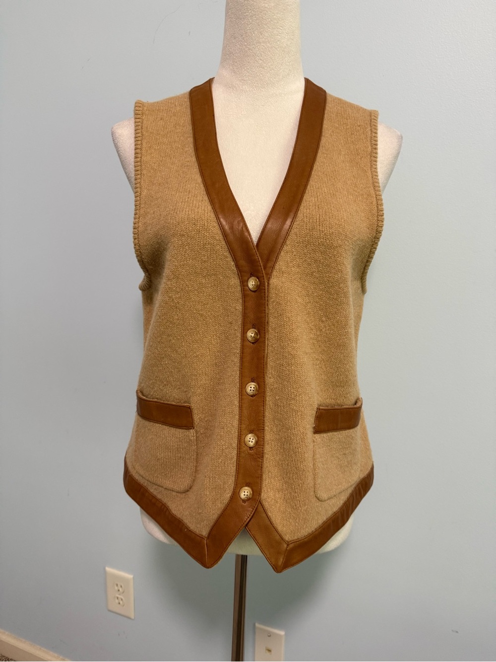 Lauren Ralph Lauren Wool Cashmere Leather Trim Button Vest Camel Size L